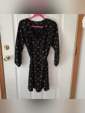 Madewell Black Floral Tie-Waist Long Sleeve Dress